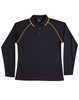 A black long-sleeve polo shirt with yellow detailing, featuring a collar and buttons. It has a logo on it.