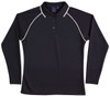 A black long-sleeve polo shirt with raglan sleeves, featuring white piping and a collar. It has a logo on the chest.