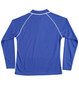 A blue long-sleeve polo shirt with a raglan design, featuring white piping and a logo.