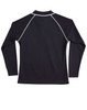 A black ladies' long-sleeve polo shirt with white piping and a collar, featuring a logo on the back.