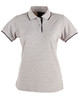 A grey ladies' polo shirt featuring a black collar and trim, with a button placket and logo at the chest.