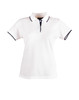 A white polo shirt featuring a collar with navy detailing and a logo.