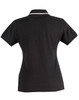 A black polo shirt with a contrasting white collar and detailing, featuring a fitted design and short sleeves.