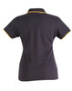 A black ladies' polo shirt featuring contrasting yellow trim, showcasing a fitted design and collar.