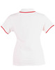 A white ladies' polo shirt featuring red trim on the collar and sleeves, with a logo on the side.