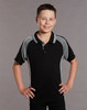 A black kids' polo shirt with grey accents, featuring a collar and short sleeves, has a logo on it.