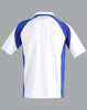 A kids' polo shirt in white with blue accents, featuring a sporty design and a logo on the front.