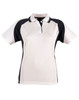 A ladies' polo shirt in white with black accents, featuring a collar and a logo on the front.