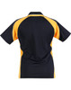 A navy and gold ladies' polo shirt with a sporty design and a prominent logo on the back.