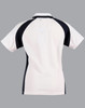 A white and navy polo shirt with a sporty design and a logo on the back.