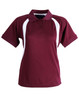A burgundy ladies' polo shirt with white side panels and a collar, featuring a logo.