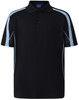 A navy blue polo shirt with light blue accents and a collar, featuring buttons and a logo.