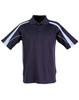 A navy blue polo shirt with light blue accents and a collar, featuring buttons and a logo.