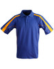 A short sleeve polo shirt in blue with orange stripe accents, featuring a collar and logo.
