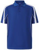 A blue polo shirt featuring white detailing and a logo, designed with a short sleeve style.