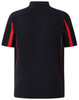 A navy blue polo shirt with red accents and a logo on the back. Short sleeves and a sporty design.