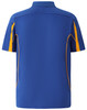 A blue polo shirt with yellow accents and a logo on the back, featuring a classic collar and short sleeves.