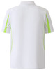 A white polo shirt with lime green accents and a logo, featuring short sleeves and a collar.