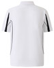 A white short sleeve polo shirt featuring navy detailing and a logo. The back displays a sporty design.