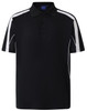 A black polo shirt featuring white side stripes and a collar, with a logo on the chest.