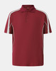 A maroon polo shirt featuring white stripes and a logo. It has a classic collar and short sleeves.