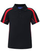 A kids' short-sleeve polo shirt in navy blue with red accents and a branded logo.