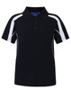 A black kids' polo shirt with white accents and a collar, featuring a logo on the front.