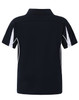 A navy polo shirt with white detailing, featuring a collar and short sleeves, and a logo on the back.
