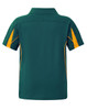 A kids' short-sleeve polo shirt in green with yellow accents and a logo. The back view is displayed.