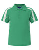 A green kids' short-sleeve polo shirt with white accents and a collar, featuring a logo on the chest.