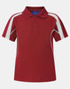 A red polo shirt featuring white accent panels and a classic collar, with three buttons at the front.