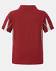 A red kids' short-sleeve polo shirt featuring white side panels and a collar. The shirt has a logo.