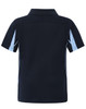 A short-sleeved navy polo shirt featuring light blue accents and a logo on the back.