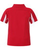 A red polo shirt with white side accents and a collar, featuring a logo on the back.