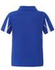 A blue kids' polo shirt featuring white accents, with a classic collar and short sleeves. It has a logo on the garment.