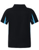 A black polo shirt with blue side accents, featuring a collar and short sleeves. It has a branding logo.