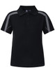 A black kids' polo shirt featuring grey accents and a collar, with a logo on the chest area.
