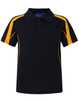 A black kids' polo shirt with yellow accents, featuring a collar and buttons, and includes a logo.