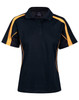 A black short sleeve polo shirt with orange side panels and a logo on the collar.