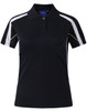A navy blue polo shirt with short sleeves, featuring contrasting white side panels and a logo.