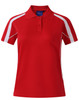A red polo shirt with short sleeves, featuring white side accents and a logo on the chest.