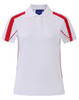 A white polo shirt with red accents and a logo, featuring short sleeves and a classic collar.