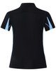 A black short sleeve polo shirt with light blue accents and a logo. The back features a fitted design.