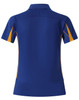 A blue short sleeve polo shirt with orange accents and a logo on the upper chest area.