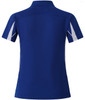 A blue polo shirt featuring white accents and a logo on the back. Short sleeves and a classic collar design.