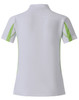 A white polo shirt with green accents, featuring a collar and short sleeves, has a logo on it.