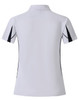 A white polo shirt with black detailing, featuring a collar and short sleeves, and has a logo on it.