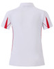 A white polo shirt with red accents and a logo, featuring a short sleeve and a classic collar design.