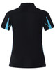 A black polo shirt with turquoise accents, featuring short sleeves and a logo on the back.