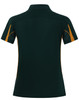 A green and gold short sleeve polo shirt featuring a logo, designed for women.